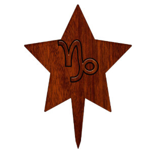 Capricorn Zodiac Symbol in Mahogany Wood Style Cake Topper