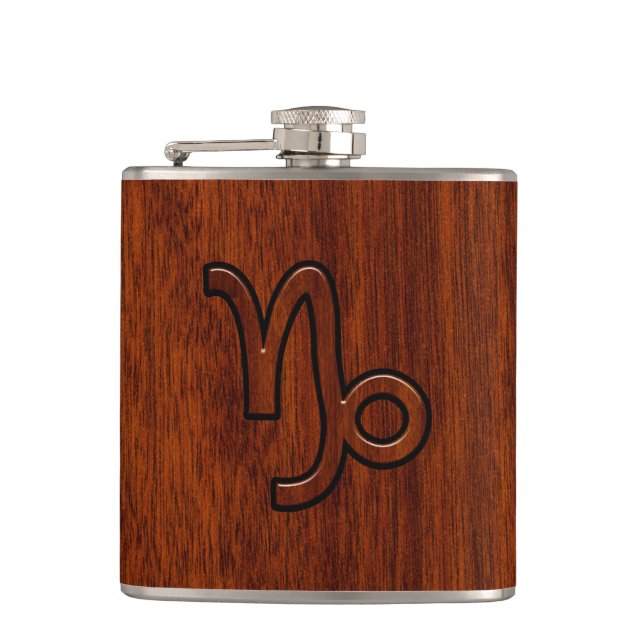 Capricorn Zodiac Symbol in Mahogany Wood Style Flask (Front)