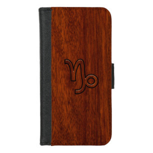 Capricorn Zodiac Symbol in Mahogany Wood Style iPhone 8/7 Wallet Case