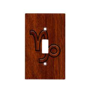 Capricorn Zodiac Symbol in Mahogany Wood Style Light Switch Cover