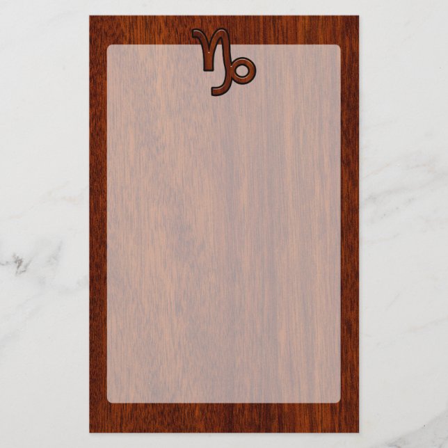 Capricorn Zodiac Symbol in Mahogany Wood Style Stationery (Front)