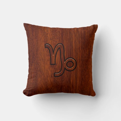 Capricorn Zodiac Symbol in Mahogany Wood Style Throw Pillow