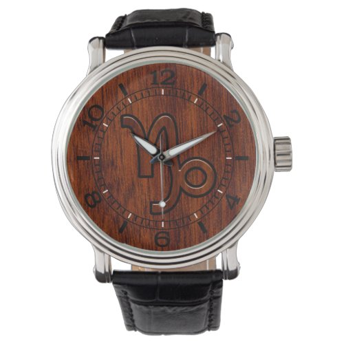 Capricorn Zodiac Symbol in Wood Grain Style Dial Watch