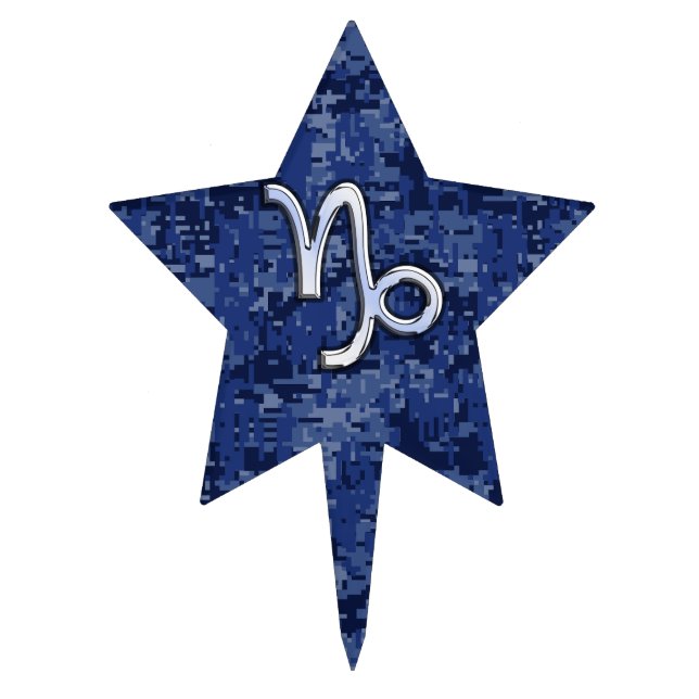 Capricorn Zodiac Symbol on Blue Digital Camo Cake Topper (Front)