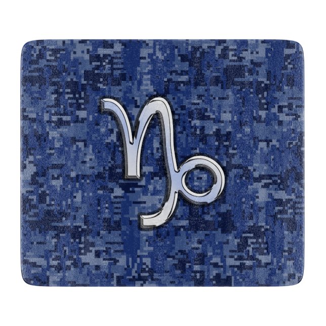 Capricorn Zodiac Symbol on Blue Digital Camo Cutting Board (Front)