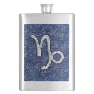 Capricorn Zodiac Symbol on Blue Digital Camo Flask