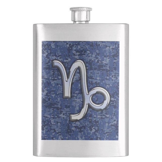 Capricorn Zodiac Symbol on Blue Digital Camo Flask (Front)