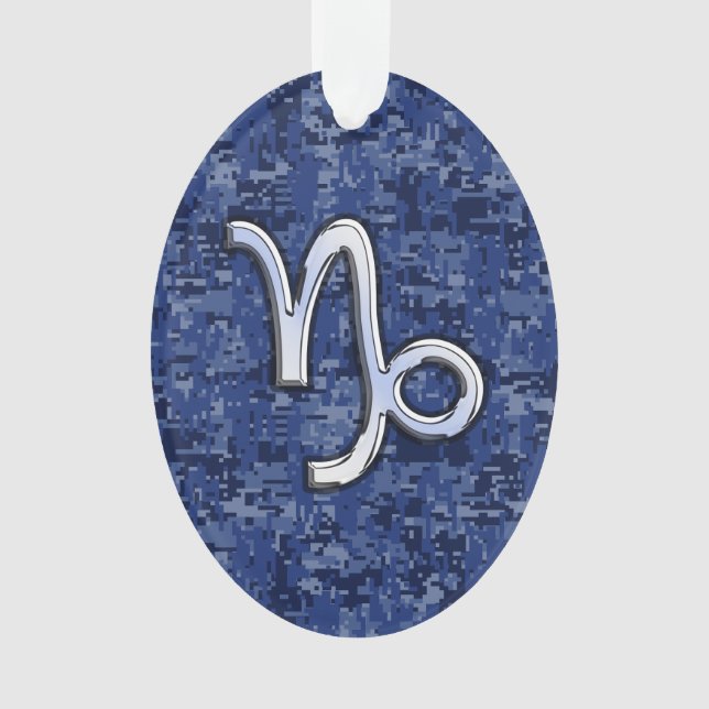 Capricorn Zodiac Symbol on Blue Digital Camo Ornament (Front)