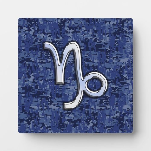 Capricorn Zodiac Symbol on Blue Digital Camo Plaque