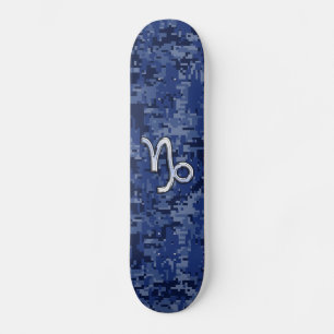 Capricorn Zodiac Symbol on Blue Digital Camo Skateboard Deck