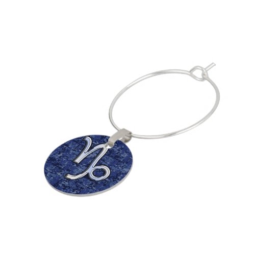 Capricorn Zodiac Symbol on Blue Digital Camo Wine Glass Charm