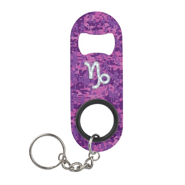 Capricorn Zodiac Symbol on Fuchsia Digital Camo Keychain Bottle Opener (Front)
