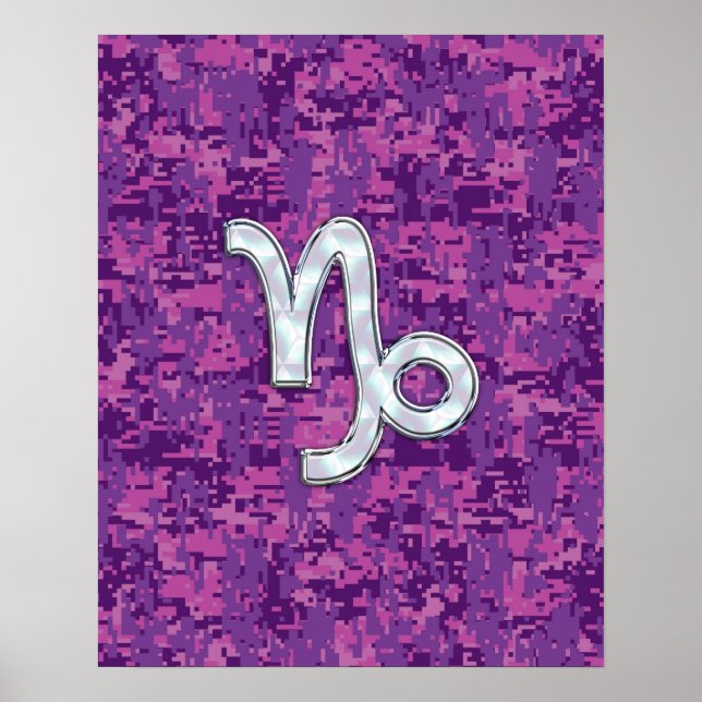 Capricorn Zodiac Symbol on Fuchsia Digital Camo Poster (Front)