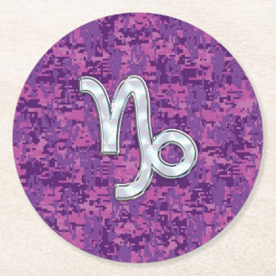 Capricorn Zodiac Symbol on Fuchsia Digital Camo Round Paper Coaster