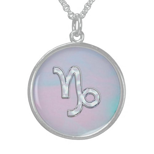 Capricorn Zodiac Symbol on Mother of Pearl Decor Sterling Silver Necklace