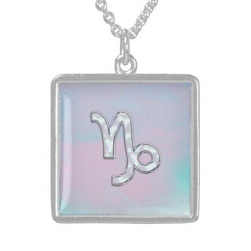 Capricorn Zodiac Symbol on Mother of Pearl Decor Sterling Silver Necklace