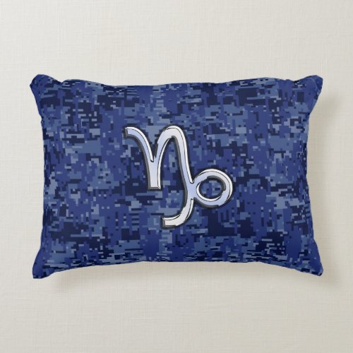 Capricorn Zodiac Symbol on navy blue digital camo Decorative Pillow