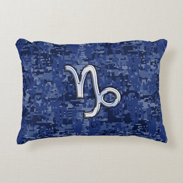 Capricorn Zodiac Symbol on navy blue digital camo Decorative Pillow (Front)