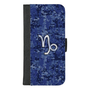 Capricorn Zodiac Symbol on navy blue digital camo iPhone 8/7 Plus Wallet Case