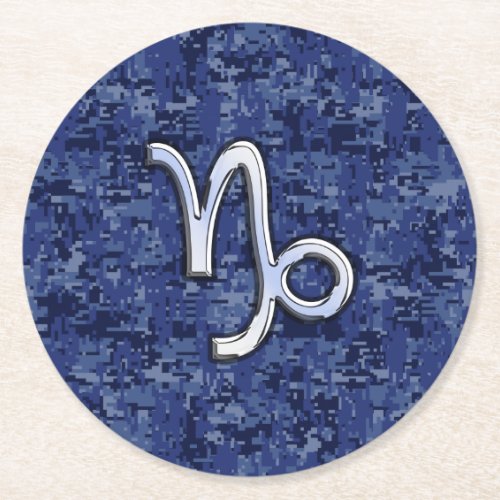 Capricorn Zodiac Symbol on navy blue digital camo Round Paper Coaster