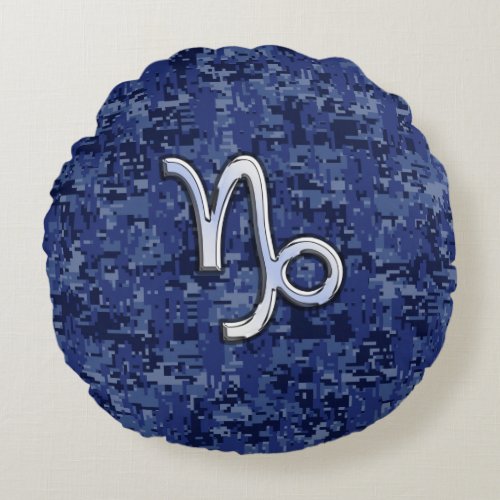 Capricorn Zodiac Symbol on navy blue digital camo Round Pillow