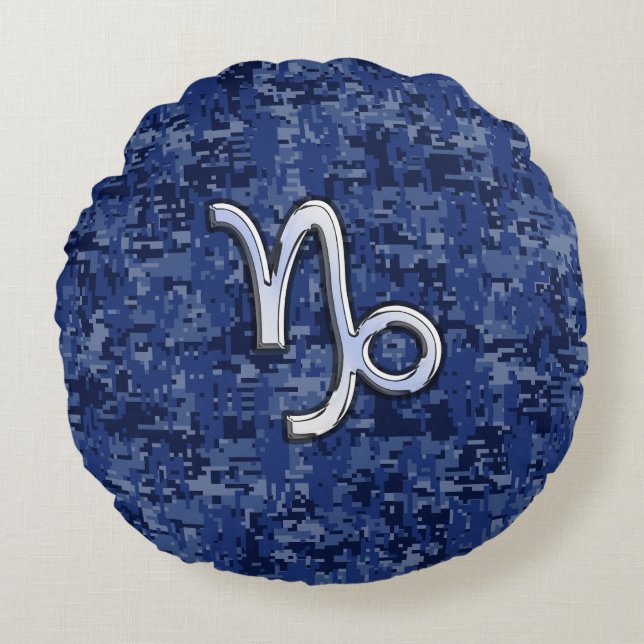 Capricorn Zodiac Symbol on navy blue digital camo Round Pillow (Front)
