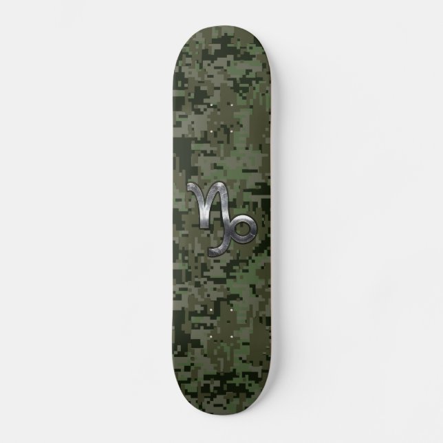 Capricorn Zodiac Symbol Woodland Camouflage Skateboard Deck (Front)