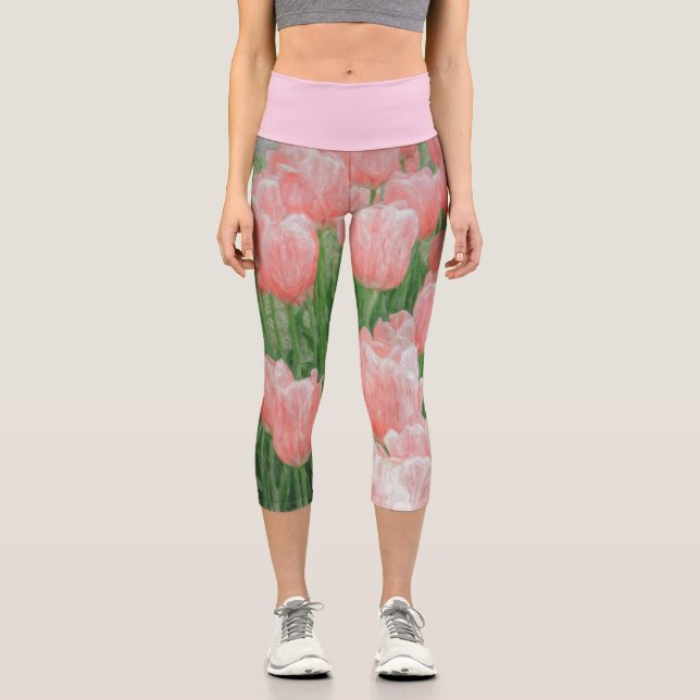 Capris With Light Pink Painted Tulips (Front)