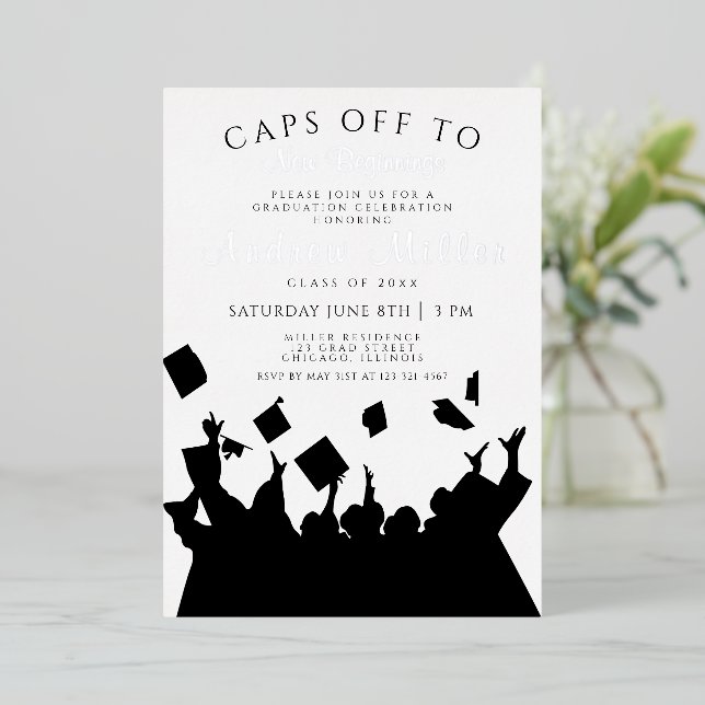Caps off Graduation Celebration Invitation Foil Invitation (Standing Front)