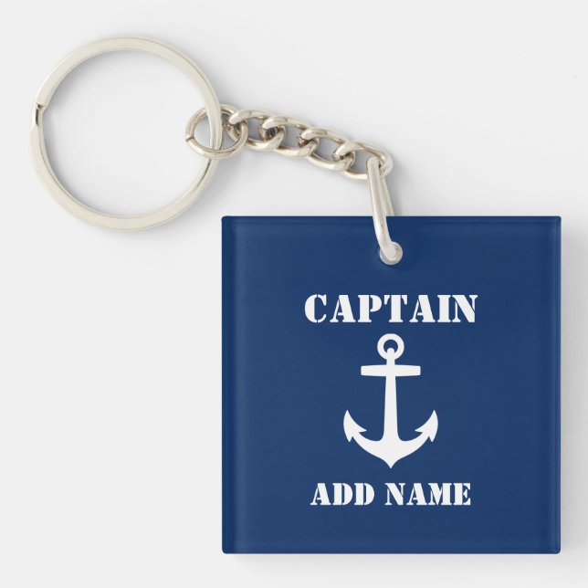 Captain Add Name Boat Name Anchor Photo Back Blue Keychain (Front)