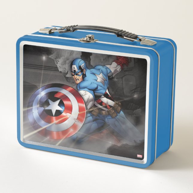 Captain America Deflecting Attack Metal Lunch Box (Front)
