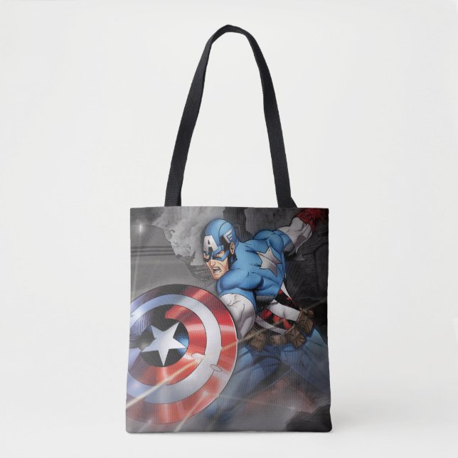 Captain America Deflecting Attack Tote Bag (Front)