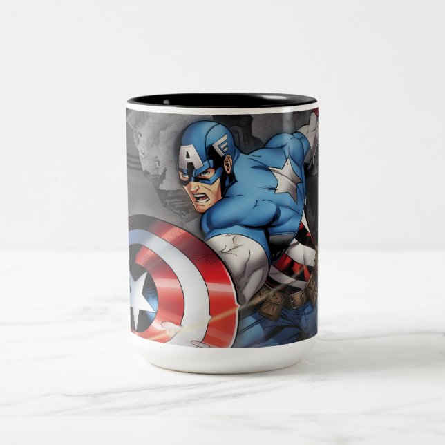 Captain America Deflecting Attack Two-Tone Coffee Mug (Center)