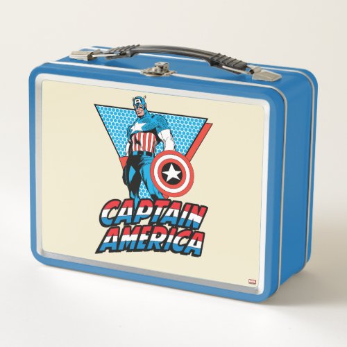 Captain America Retro Character Graphic Metal Lunch Box - Check out Captain America standing tall and smiling in his graphic featuring his name logo and a blue & red triangular background.