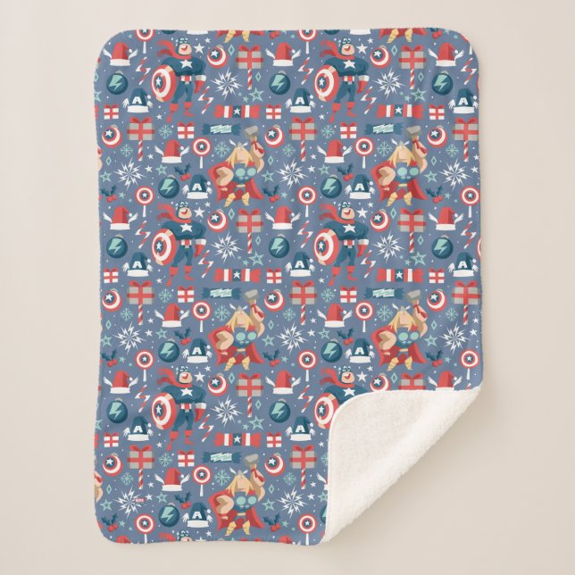 Captain America & Thor Holiday Gift Pattern Sherpa Blanket (Front)