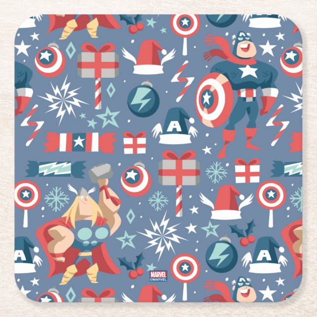 Captain America & Thor Holiday Gift Pattern Square Paper Coaster (Front)