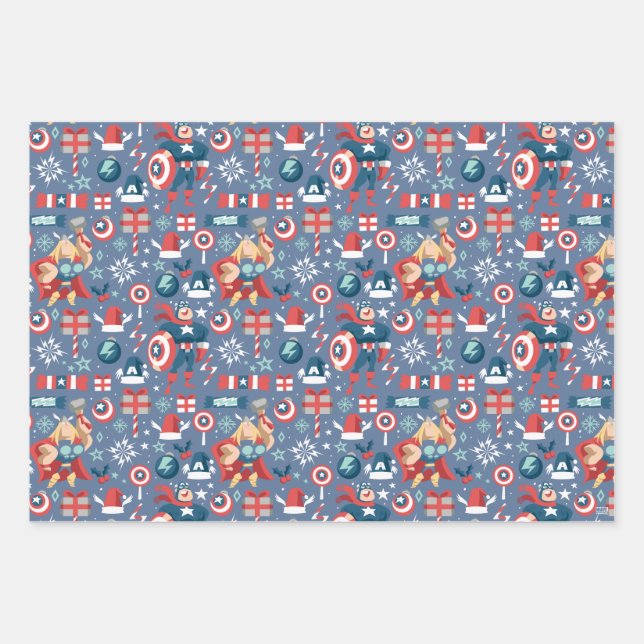 Captain America & Thor Holiday Gift Pattern Wrapping Paper Sheets (Front)
