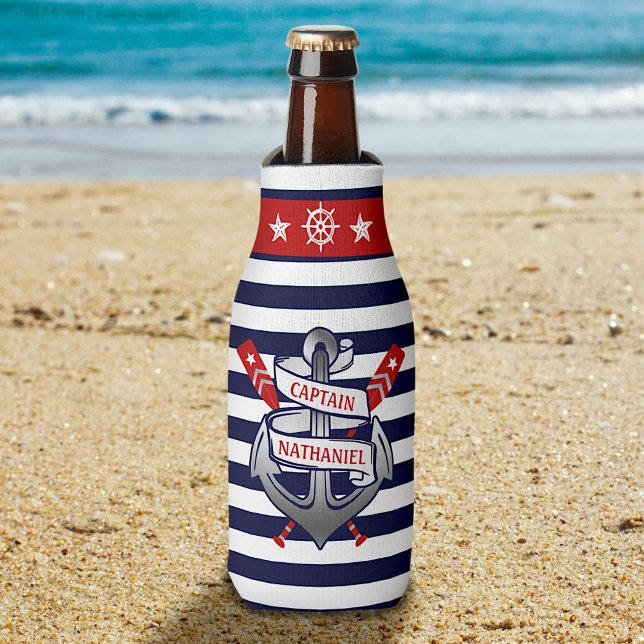Captain Anchor Nautical Oars Stripes Personalized Bottle Cooler (Creator Uploaded)