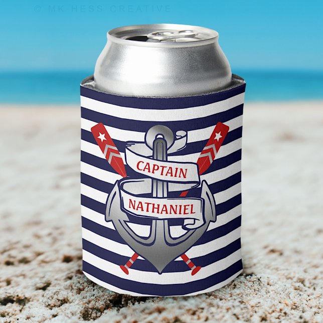 Captain Anchor Nautical Oars Stripes Personalized Can Cooler (Creator Uploaded)