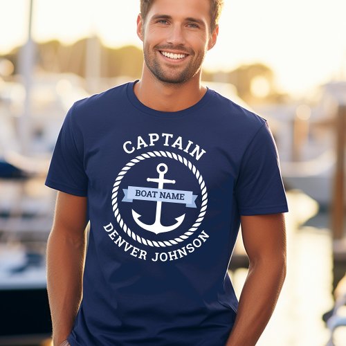 Captain anchor rope border boat name on banner T_Shirt