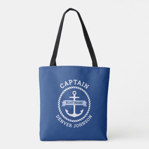 Captain anchor rope border boat name on banner tote bag