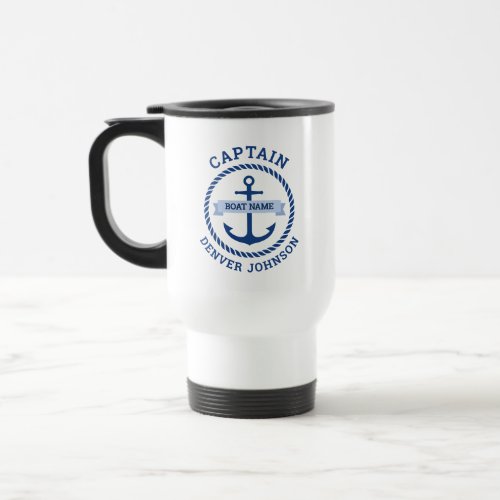 Captain anchor rope border boat name on banner travel mug