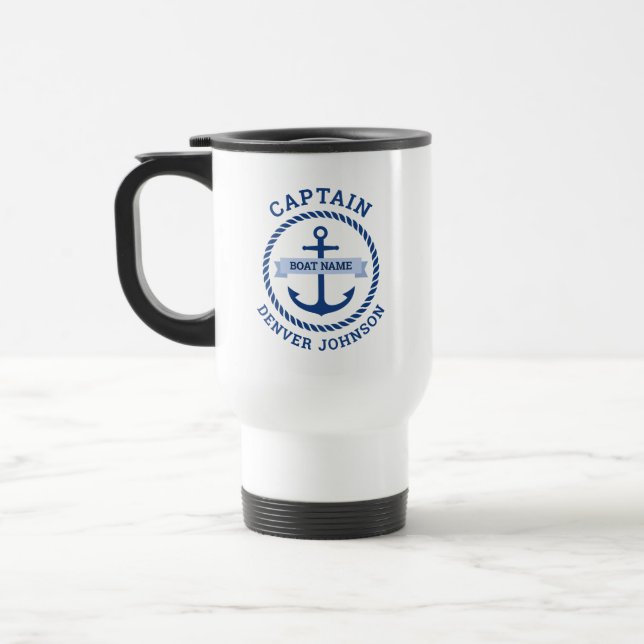 Captain anchor rope border boat name on banner travel mug (Left)