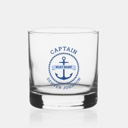 Captain anchor rope border boat name on banner whiskey glass