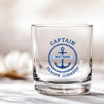 Captain anchor rope border boat name on banner whiskey glass<br><div class="desc">Glass featuring a white nautical anchor surrounded by a rope border. Across the anchor is a light blue ribbon with your boat's name. Add title,  for example captain,  at the top and a custom name at the bottom.</div>