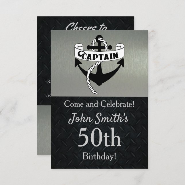 Captain Anchor Sailing Birthday Silver Black Invitation (Front/Back)