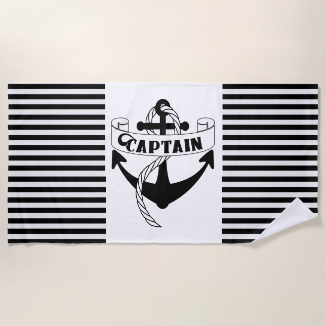 Captain Anchor Sailing Boat Stripe Summer Beach Towel (Front)