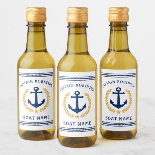 Captain And Boat Name Anchor Gold Laurel Mini Wine Label