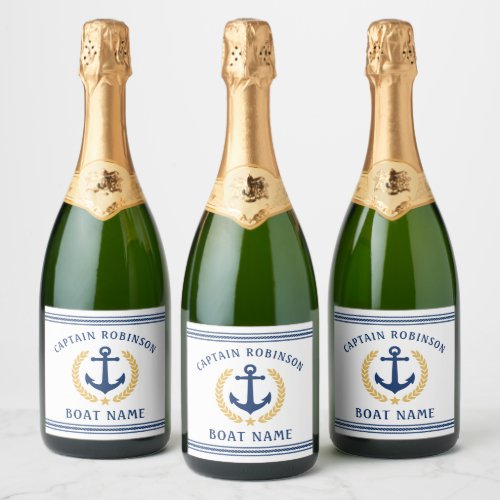 Captain And Boat Name Anchor Gold Style Laurel Sparkling Wine Label