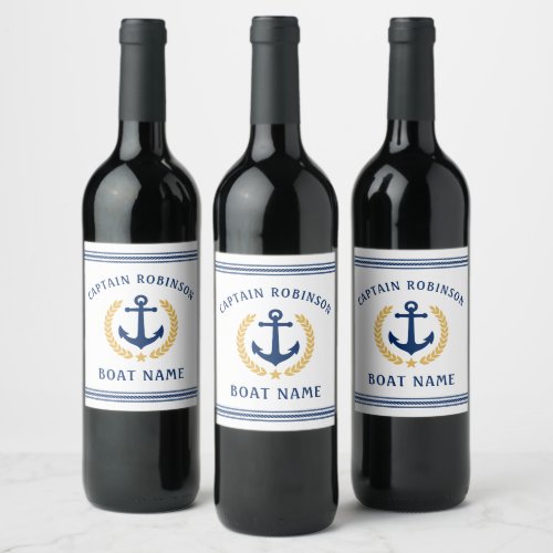 Captain And Boat Name Anchor Gold Style Laurel Wine Label